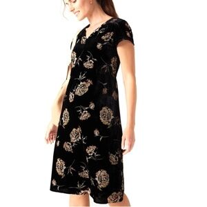 J. Jilll Black Velvet Floral Smocked V-Neck Dress NEW Pure Jill